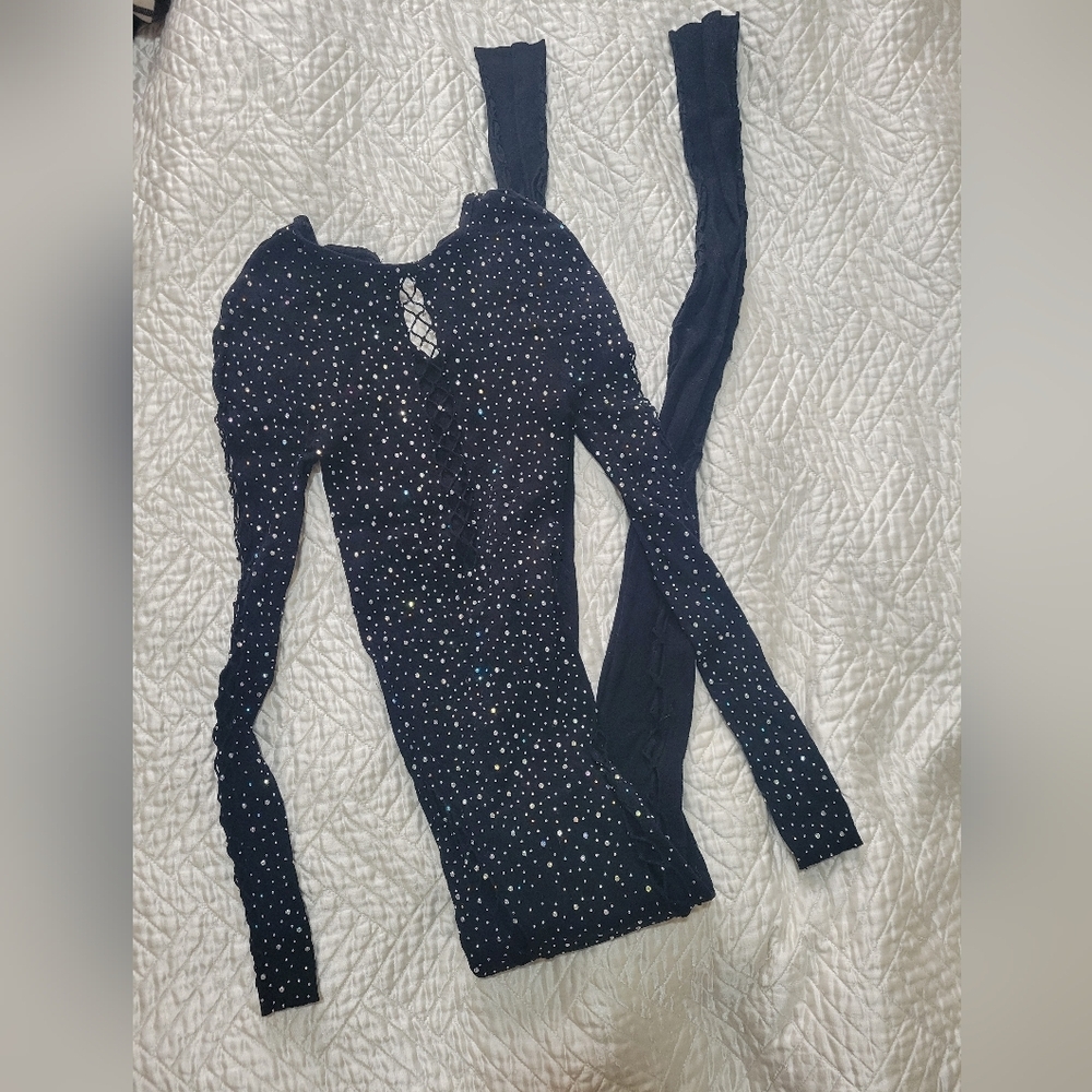 Black Rhinestone Lace Up Jumpsuit One Size - Picture 2 of 6